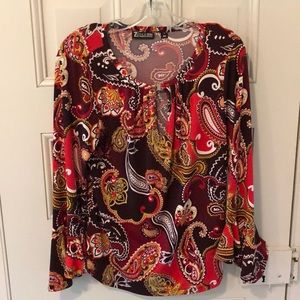 Red & Burgundy Paisley Print Top, Ruffle Sleeves